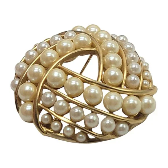 Vintage Gold-Tone Faux Pearl Swirl Brooch Pinback Elegant Design - Picture 7 of 11